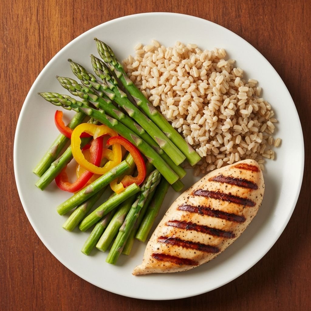 Plate with balanced portions of vegetables, protein, and whole grains